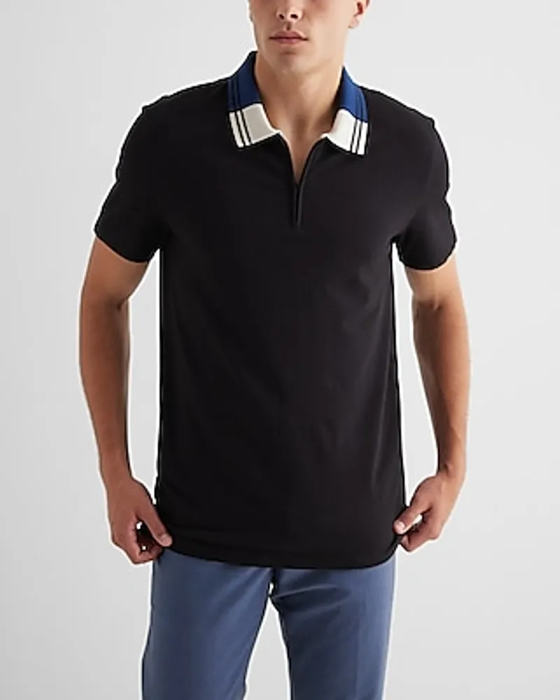 Striped Collar Luxe Pique Zip Polo Black Men's S