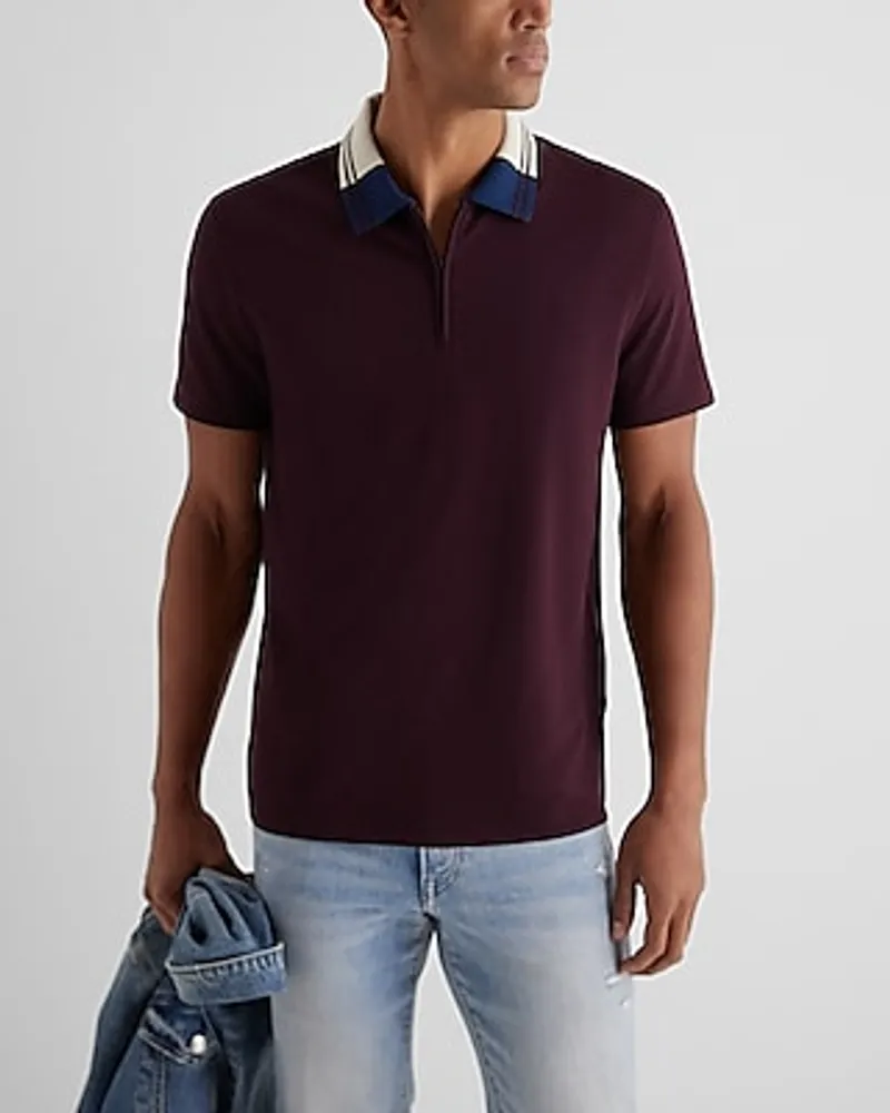 Striped Collar Luxe Pique Zip Polo Purple Men's XS