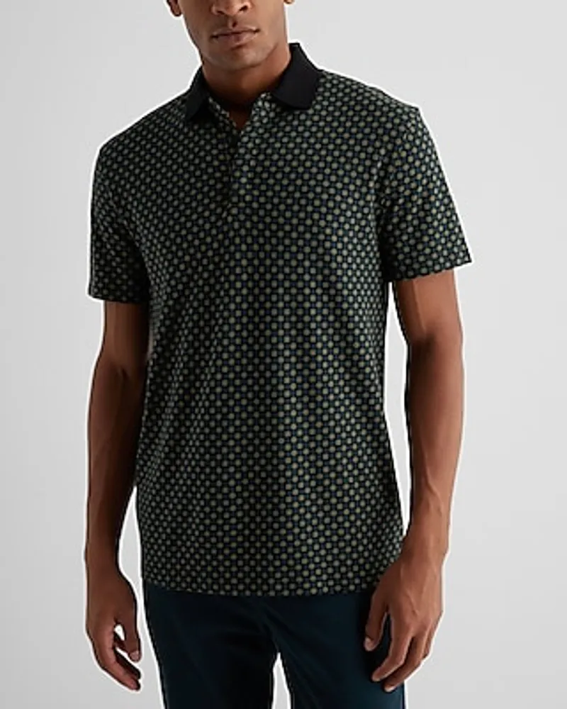 Multi Shape Geo Print Luxe Pique Polo Green Men's L Tall