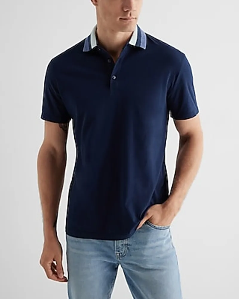 Striped Collar Perfect Pima Cotton Polo Blue Men's S