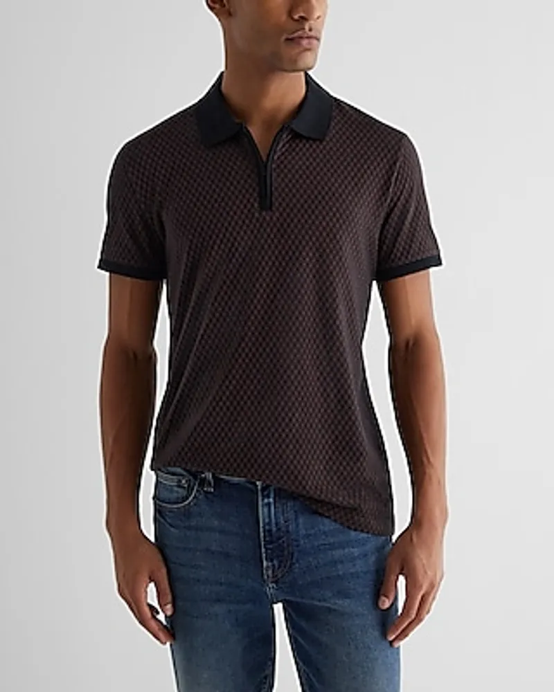 Geo Jacquard Zip Polo Brown Men