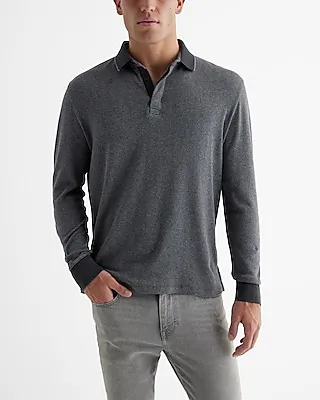 Herringbone Cotton Jacquard Long Sleeve Polo Gray Men