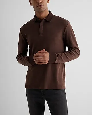 Herringbone Cotton Jacquard Long Sleeve Polo Brown Men's