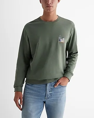 Embroidered Chest Graphic Crew Neck Sweatshirt Green Men's XL Tall