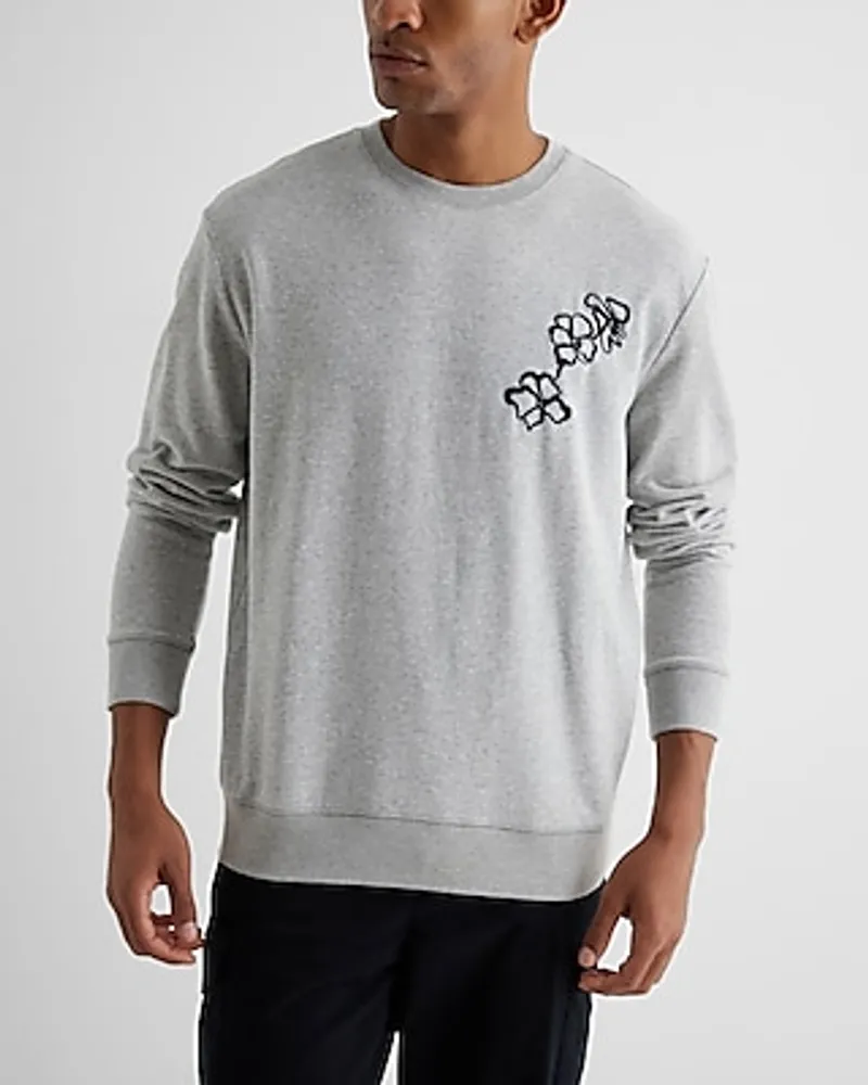 Embroidered Floral Fleece Crew Neck Sweatshirt Gray Men's M Tall