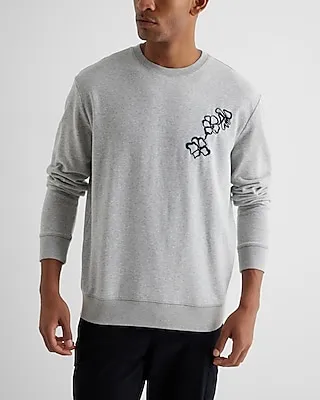Embroidered Floral Fleece Crew Neck Sweatshirt Gray Men's