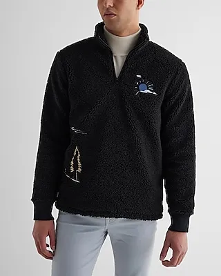 Embroidered Print Sherpa Quarter Zip Sweatshirt Black Men
