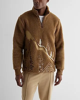 Embroidered Print Sherpa Quarter Zip Sweatshirt Brown Men's L