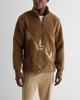 Embroidered Print Sherpa Quarter Zip Sweatshirt Brown Men's