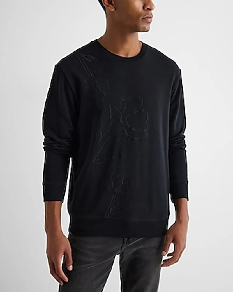 Embroidered Line Floral Fleece Crew Neck Sweatshirt Black Men