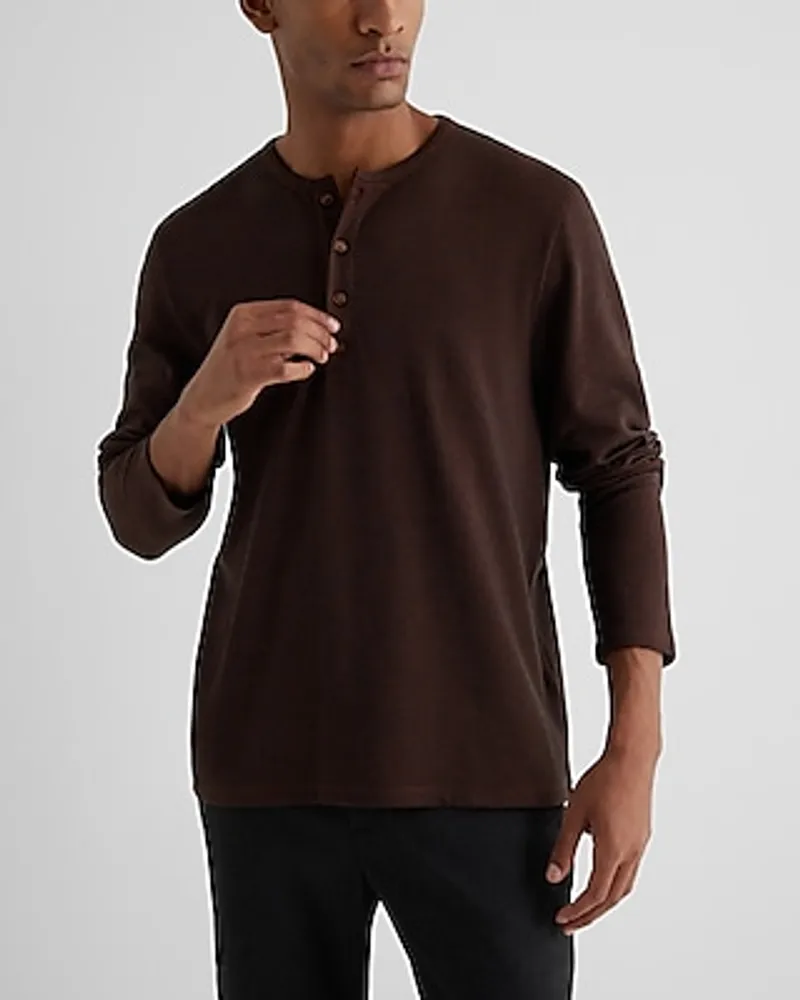 Double Knit Cotton-Blend Long Sleeve Henley Brown Men's