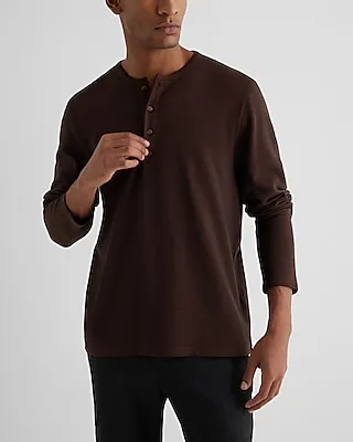 Double Knit Cotton-Blend Long Sleeve Henley Brown Men's