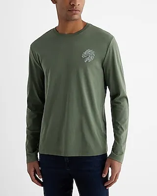 Embroidered Lion Graphic Perfect Pima Cotton Long Sleeve T-Shirt Green Men's S