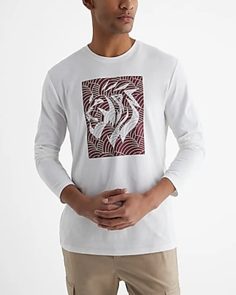 Big & Tall Abstract Lion Graphic Perfect Pima Cotton Long Sleeve T-Shirt White Men's XXL