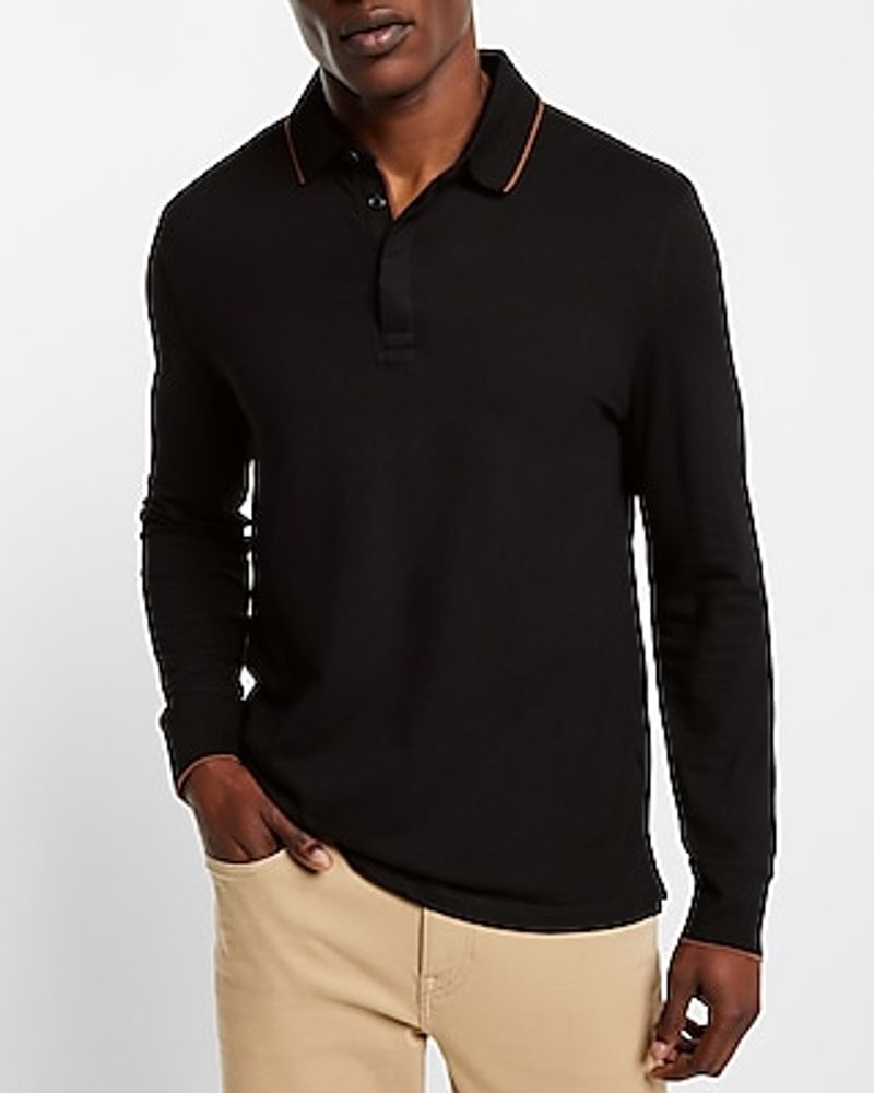 Tipped Collar Luxe Pique Polo Black Men's L
