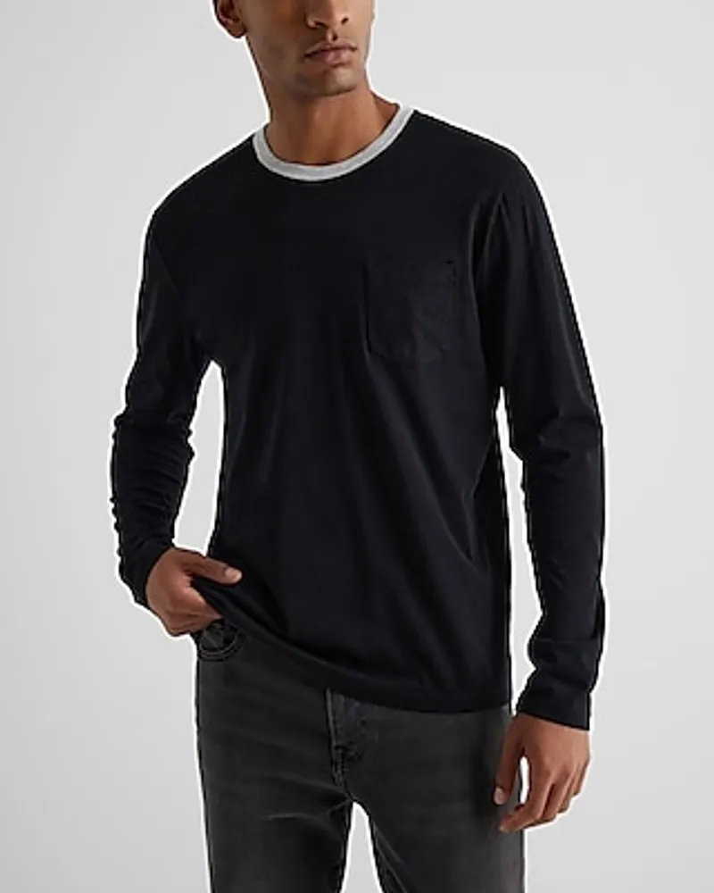 Contrast Collar Perfect Pima Cotton Long Sleeve T-Shirt Black Men's M