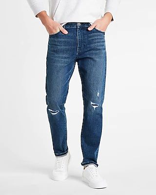 Athletic Tapered Slim Dark Wash Rip & Repair Hyper Stretch Jeans, Men's Size:W32 L34