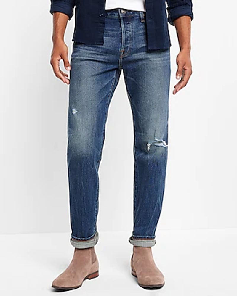 Slim Straight Ripped Dark Wash Selvedge Stretch Jeans