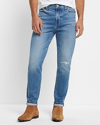 Skinny Ripped Medium Wash Stretch Jeans, Men's Size:W31 L34