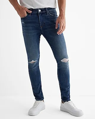 Super Skinny Dark Wash Ripped Ultra Hyper Stretch Jeans, Men's Size:W31 L30