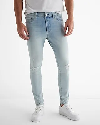 Super Skinny Light Wash Ripped Hyper Stretch Jeans, Men's Size:W36 L30