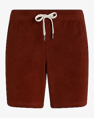 Solid 7" Terry Cotton-Blend Elastic Waist Shorts Brown Men's M