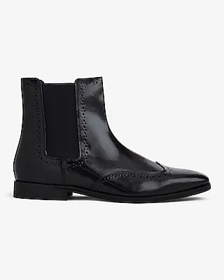 Black Polished Leather Brogue Chelsea Boot Black Men's
