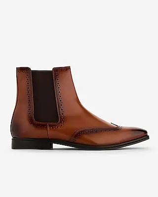 Cognac Genuine Leather Brogue Chelsea Boot Brown Men's 10