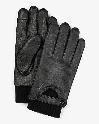 Knit Cuff Genuine Leather Gloves Men's Black
