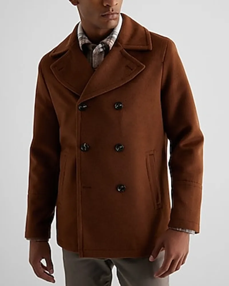 Brown Double Breasted Wool-Blend Peacoat Brown Men's M Tall