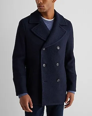 Navy Double Breasted Textured Boucle Wool-Blend Peacoat Blue Men's