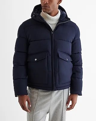 Navy Hooded Double Pocket Puffer Coat