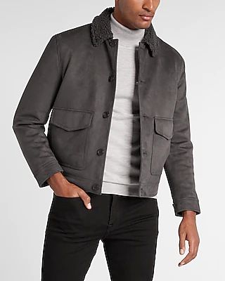 Gray Suede Sherpa Collar Jacket Gray Men's XS