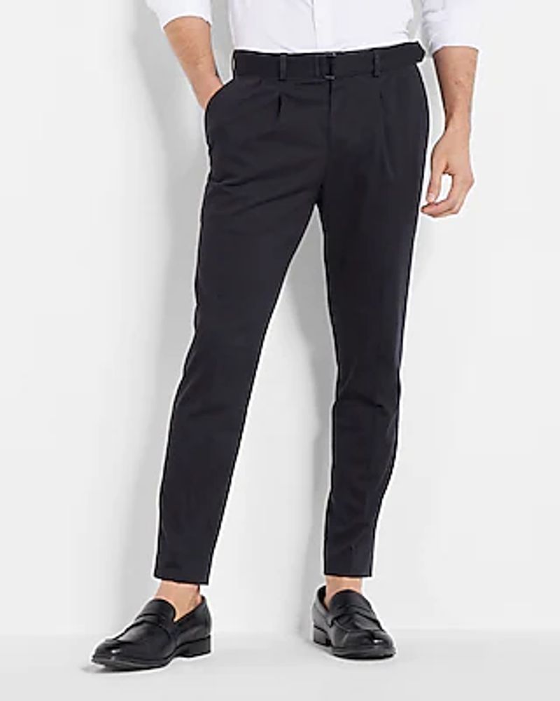 Slim Solid Black Belted Cotton Hyper Stretch Cropped Suit Pant