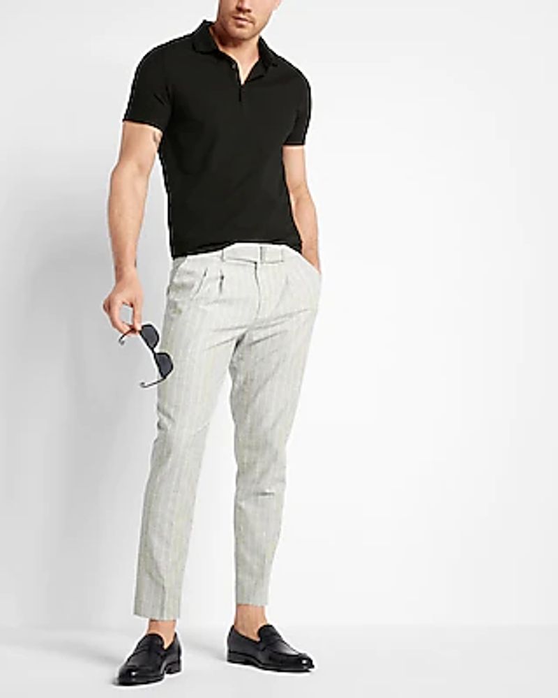 Slim Gray Striped Belted Dress Pants