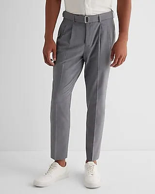 Slim Light Gray Wool-Blend Modern Tech Belted Suit Pants