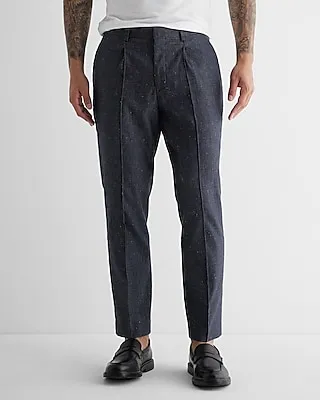 Slim Dark Blue Linen-Blend Pleated Suit Pants
