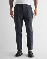 Slim Dark Blue Linen-Blend Pleated Suit Pants