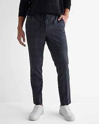 Men's Extra Slim Plaid Modern Tech Drawstring Dress Pants Gray W34 L34