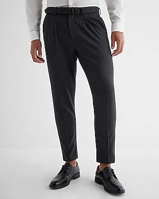 Slim Charcoal Gray Pinstripe Flannel Belted Suit Pants