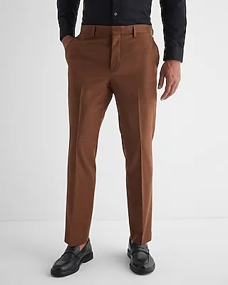 Slim Brown Wool-Blend Flannel Elastic Waist Suit Pants Brown Men's W31 L30