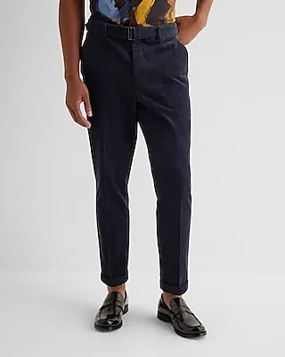 Men's Slim Navy Corduroy Belted Dress Pants Blue W32 L32