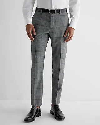 Men's Extra Slim Plaid Flannel Elastic Waist Dress Pants Black W32 L32