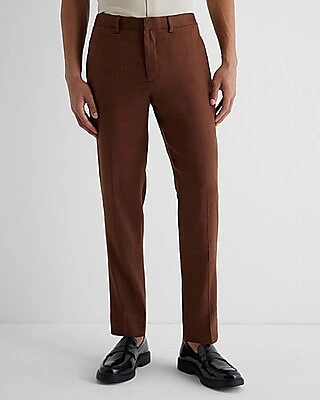 Men's Extra Slim Brown Linen-Blend Hybrid Elastic Waist Dress Pants Brown W33 L30