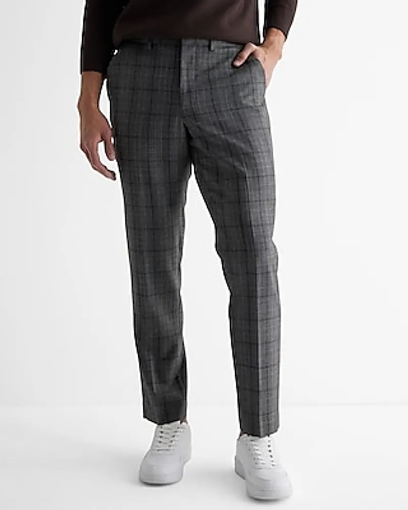 Men's Slim Plaid Wool-Blend Elastic Waist Dress Pants Gray W33 L30