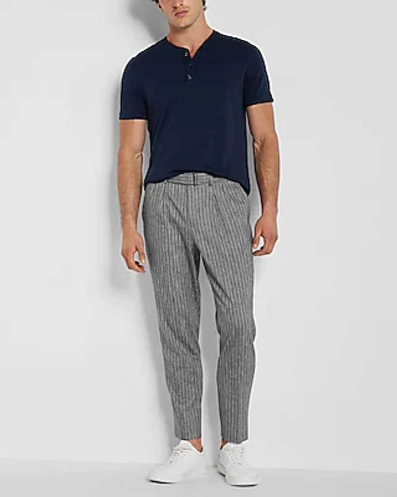 Slim Striped Gray Belted Linen-Blend Cropped Dress Pants