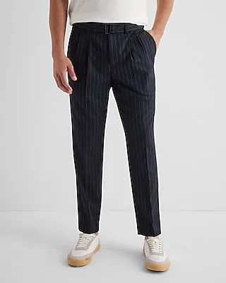 Slim Navy Pinstripe Flannel Belted Dress Pants