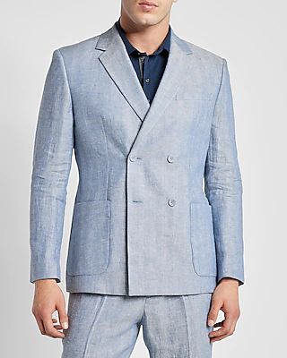 Slim Blue Herringbone Double Breasted Linen Suit Jacket