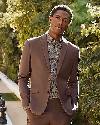 Slim Solid Brown Cotton Suit Jacket Brown Men's 40 Short