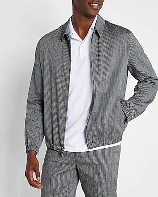 Blue Striped Zip Linen-Blend Suit Jacket